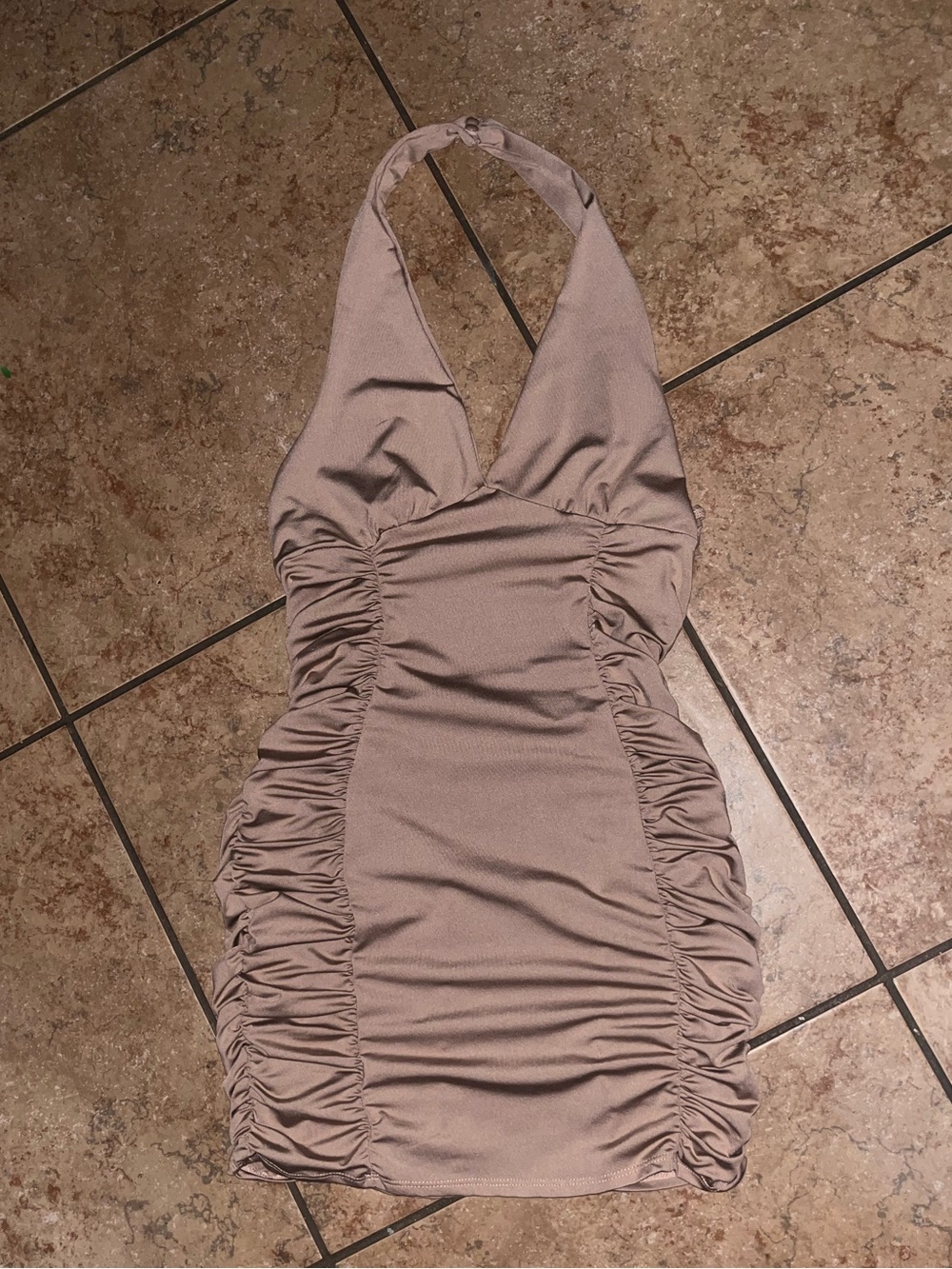 Ruched Halter Mini Dress in Taupe